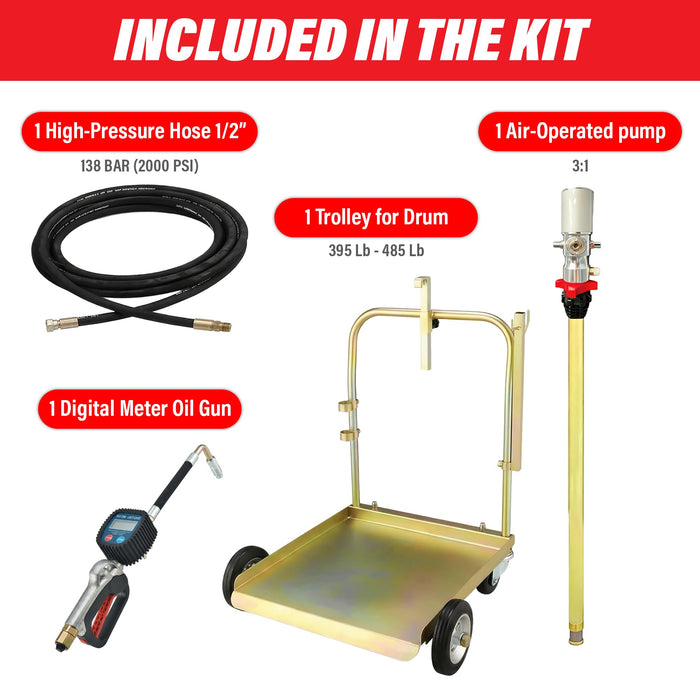 LAUCO 3:1 Air-Operated Oil Pump Kit – Digital Meter Gun, 13ft Hose, Mobile Drum Trolley & Regulator – Complete System for SAE240 Oil Transfer from 55 Gallon Barrels (Not for Gasoline or Diesel)