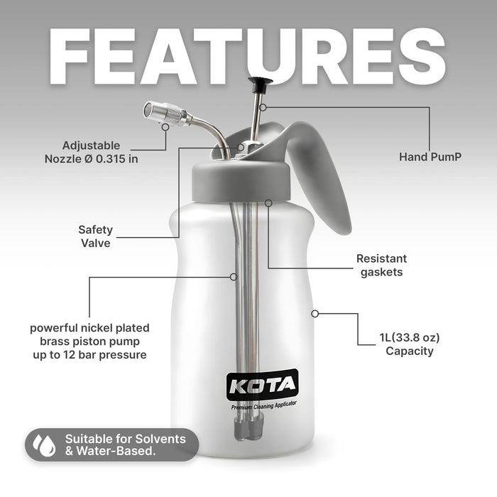 KOTA 1 L Adjustable Hand Pump Pressure Sprayer, Heavy-Duty Multipurpose Bottle for Automotive Solvents, Surface Prep & Car Detailing, Chemical-Resistant PE Construction (Cleaning Applicator) 75880