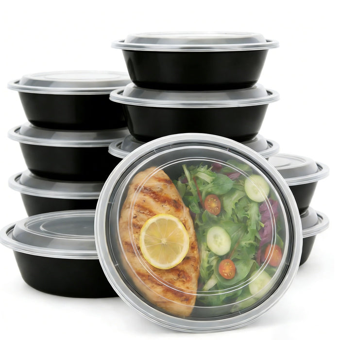 50 Pack (100-Piece) Meal Prep Containers Reusable with Lids, Sturdy Leakproof & Food Safe, Microwave, Freezer, Dishwasher Safe Prep Containers, To Go Take Out Plastic Food Storage (Round 24oz) 60829