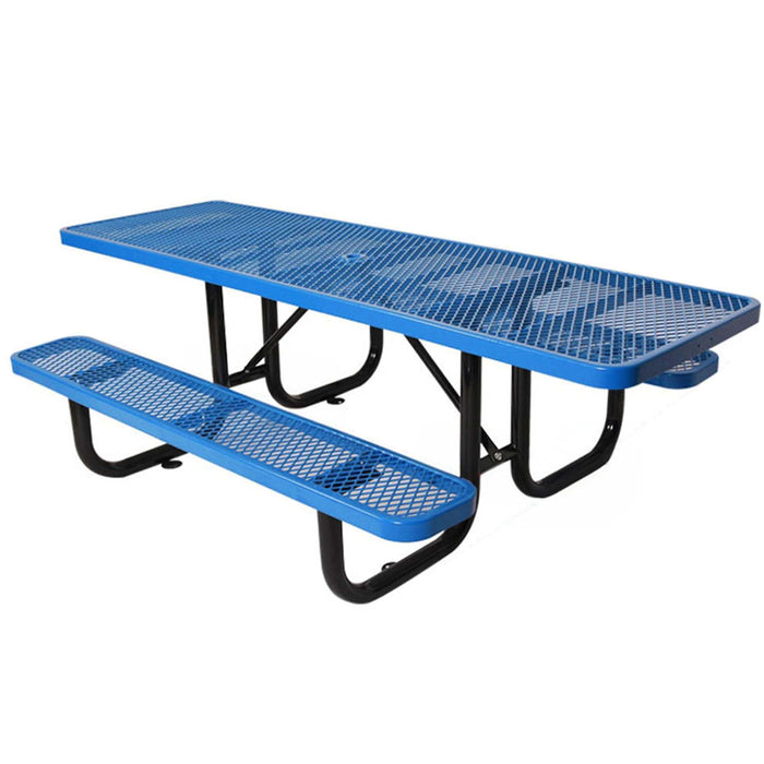 LAUCO Heavy Duty Rectangular Outdoor Picnic Table with Steel Frame, Thermoplastic Coating, Umbrella Hole, Built-in Benches, Seats 8, for Park, Patio, School (Blue, 96 inch) 36056