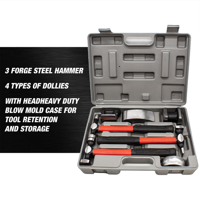 LAUCO Auto Body Repair Tool Hammer Dolly Set 7 Pieces, Car Body Repair Tool Kit with Carrying Case, Carbon Steel Dolly and Hammer Dent Body Fender Tool Set