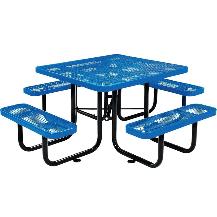 LAUCO Square Picnic Table, Expanded Metal, Blue Thermoplastic Coating, Attached Benches, 1-1/2” Umbrella Pole Hole, Outdoor-Rated, 1000 lb Capacity 36079