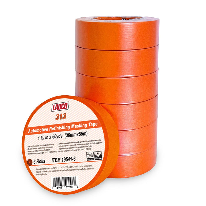 LAUCO Orange Automotive Refinishing Masking Tape 1.5 in x 60 yd (6 Rolls) – Autobody Painters Tape, UV, Moisture & Heat Resistant, No Residue, Multi-Purpose for Collision Repair