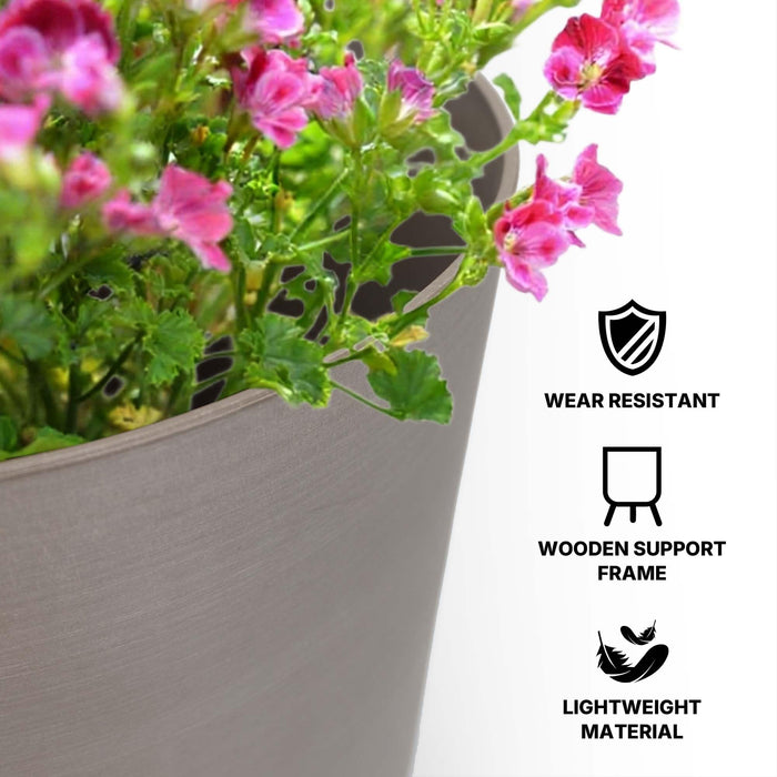 14 Inch Plastic Planter Pot with Stand, Handcrafted Modern Plant Pot, Durable Tall Flower Pot for Indoor & Outdoor Plants, Living Room & Garden Decor, Light Coffee/Natural wooden legs (2 Pack) 87227