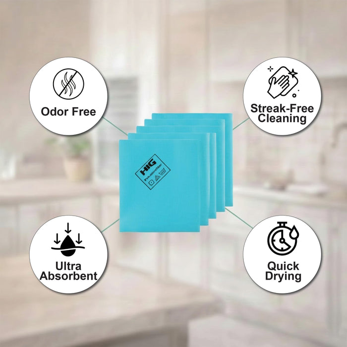 HIG PVA Microfiber Cleaning Towels, Professional Grade Synthetic Chamois Cloths for Streak Free Shine, Ultra Absorbent, Smooth & Reusable All-Purpose Cleaning Rags for Home, Car & Kitchen (5, Blue)