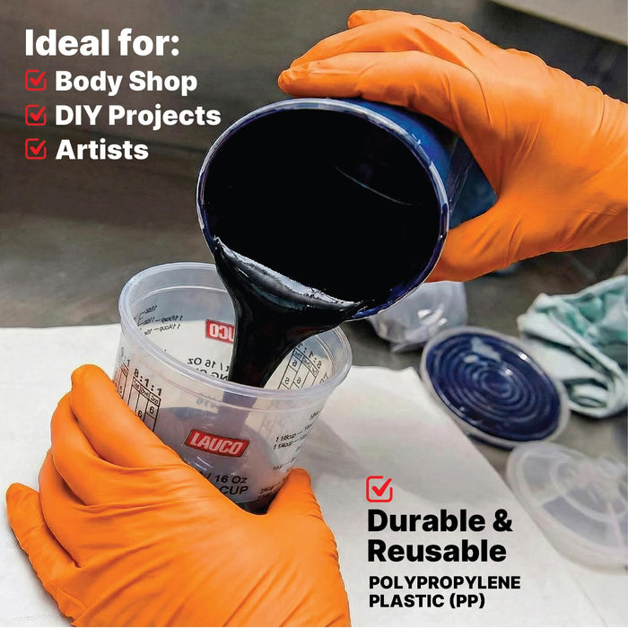 Pack of 100 Cups and 12 Lids Paint & Epoxy Mixing Cups - 32oz, Calibrated Mixing ratios on Side - Solvent Resistant, Reusable Clear Plastic Cups for Paint, Epoxy, Resin, Oil, Thinner