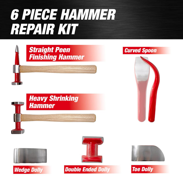 LAUCO 6 Pieces Auto Body Hammer Repair Tool Dolly Kit, Steel Hammer Heads and Dollies on Wood Handles,Performance Tool Heavy Duty Fender Set for Car, ﻿Multifunctional Hammer Kit