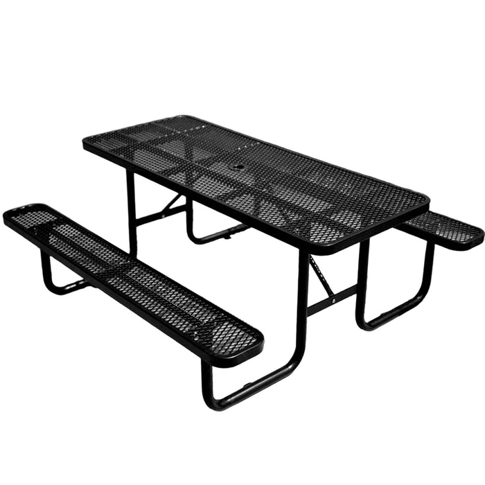 LAUCO Heavy Duty Rectangular Outdoor Picnic Table with Steel Frame, Thermoplastic Coating, Umbrella Hole, Built-in Benches, Seats 8, for Park, Patio, School (Black, 96 inch)
