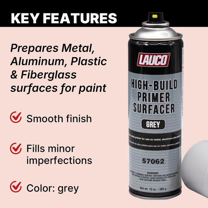 LAUCO Grey High-Build Primer Aerosol 13 oz, Heavy Fill Automotive Surfacer for Paint Prep on Metal, Aluminum, Plastic & Fiberglass 57062