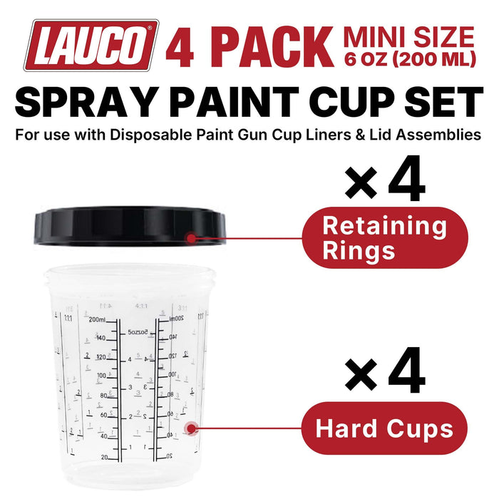 LAUCO 4 Pack Set of Medium Size 27 Ounce Hard Cups and Retainer Rings - 4 Hard Cups and 4 Rings for Use with The Disposable Paint Spray Gun Cups Liners and Lid System (200ML)