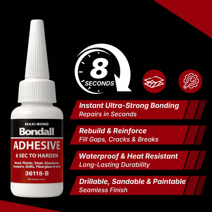BONDALL Instant Bonding Adhesive Repair Kit, 4PC Set with (2) Super Glue Bottles, Plastic & Metal Reinforcing Powders (Black & Grey), Strong Waterproof Adhesive. (BONDALL - 1 Pack)