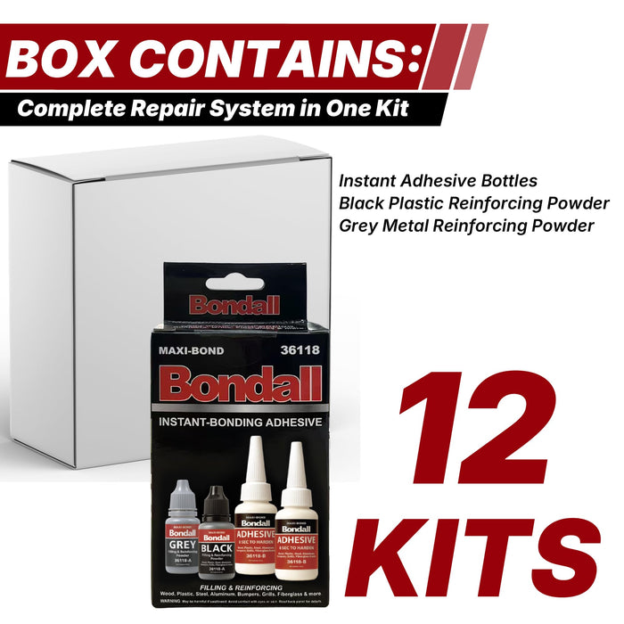 BONDALL Instant Bonding Adhesive Repair Kit, 4PC Set with (2) Super Glue Bottles, Plastic & Metal Reinforcing Powders (Black & Grey), Strong Waterproof Adhesive. (BONDALL - 12 Pack)
