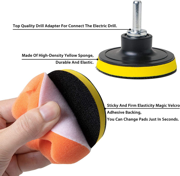 Buffing and Polishing Pad Kit for Drill Adapter – 3-Inch Foam and Wool Pads for Car Detailing, Scratch Removal, Cutting, Finishing and Polishing (30 Pcs Set)