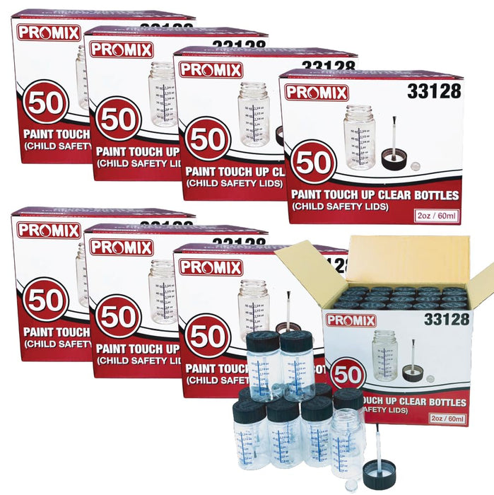 Promix Touch Up Paint Bottles 2oz (Box of 50) – With Child Safety Lids, Mixing Balls, Gradient Markings & Brushes – Solvent-Resistant PET – Car Paint Chip Repair & Scratch Fix Containers (8 Boxes) 33128