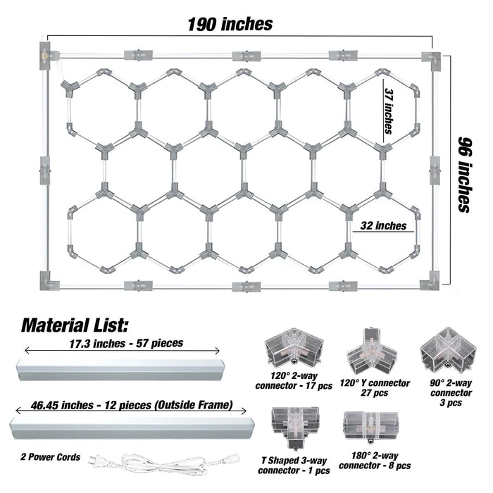 LAUCO Hexagon LED Garage Ceiling Light, 720W 86,400 Lumens, 6500K Daylight White, 14-Grid Honeycomb System with Outer Rectangle Frame, 96" x 190" for Garage, Workshop, Gym & Warehouse 50824