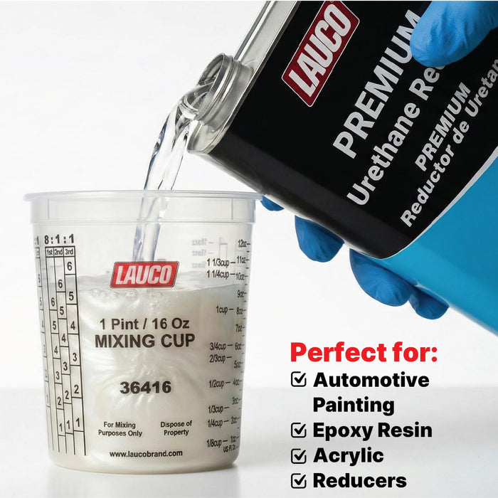 Pack of 100 Cups and 12 Lids Paint & Epoxy Mixing Cups - 16oz, Calibrated Mixing ratios on Side - Solvent Resistant, Reusable Clear Plastic Cups for Paint, Epoxy, Resin, Oil, Thinner