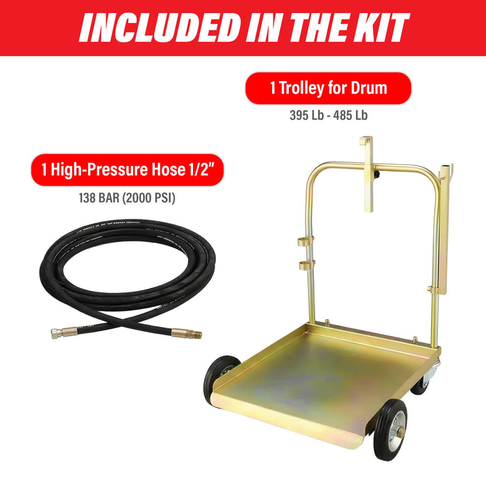 LAUCO Mobile Drum Cart with 13ft Oil Hose – Heavy-Duty Trolley for 55 Gallon Barrel Oil Transfer Systems – Portable Steel Drum Dolly + Reinforced Hose Only (Pump Not Included) (Cart + Hose Kit)