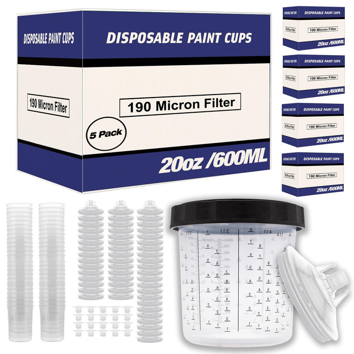 LAUCO Disposable Paint Spray Gun Cups Liners and Lid System 50 Cup Liners, 50 Lids, 1 Hard Cup w/Retainer Ring and 20 Plugs - Compatible w/Original 1.0 System (not 2.0) (5 Boxes of 600ml / 20oz)