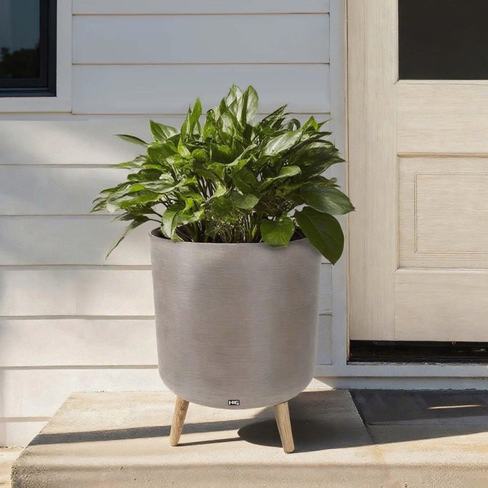 14 Inch Plastic Planter Pot with Stand, Handcrafted Modern Plant Pot, Durable Tall Flower Pot for Indoor & Outdoor Plants, Living Room & Garden Decor, Light Coffee/Natural wooden legs (2 Pack) 87227