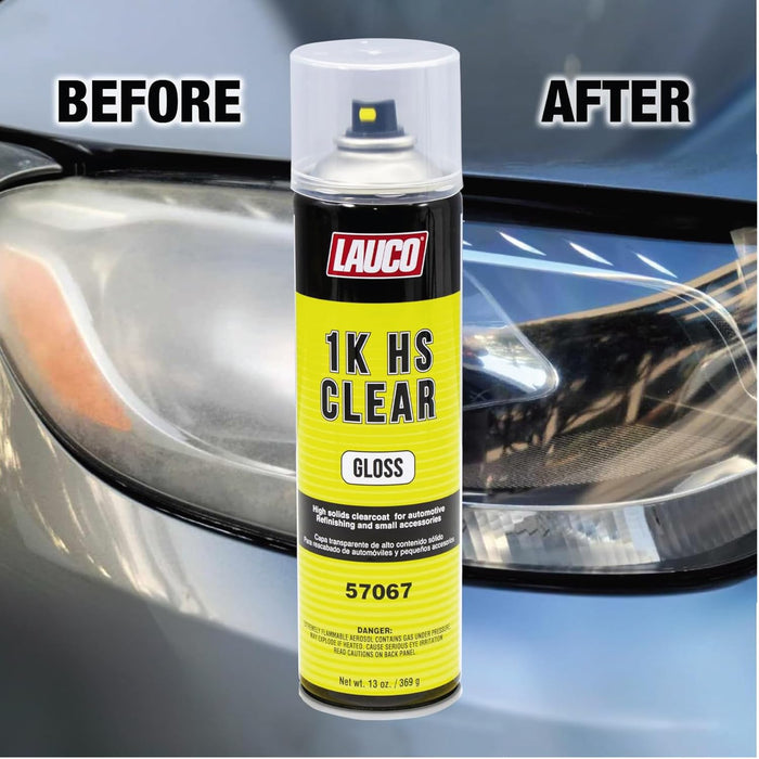 LAUCO 1K HS Gloss Clear 13 oz Automotive Aerosol Spray Paint Can with Aerosol Spray Gun - Pack of 6 - Acrylic Clear Coat Perfect for Protecting Refinish Color on Small Accessories 57067