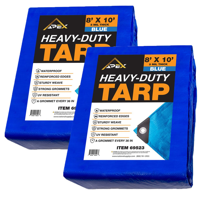 Heavy Duty Blue Tarp - 8ft x 10ft (2 Pack) - 5 MIL Multipurpose UV Resistant, Waterproof Protective Tarp Cover with Metal Grommets and Reinforced Edges - for Roof, Camping, Patio, Boat, Car 69523