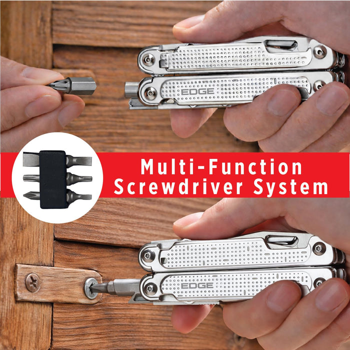 EDGE Multi-Tool Pliers, 14-in-1 Stainless Steel Multitool with Knife, Saw, Scissors, Wire Cutter & Screwdriver Bits, Compact Folding Pocket Tool for Camping, Survival, Fishing & Car Emergency (Silver)