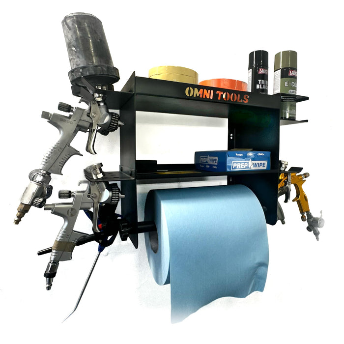 Omni Tools Multi-Function Paper Towel Holder, Steel Shop Organizer Rack with Tool Slots and Spray Gun Storage, Heavy-Duty Garage and Auto Body Shelf, 22.75 x 15 x 9.25 Inches 36038