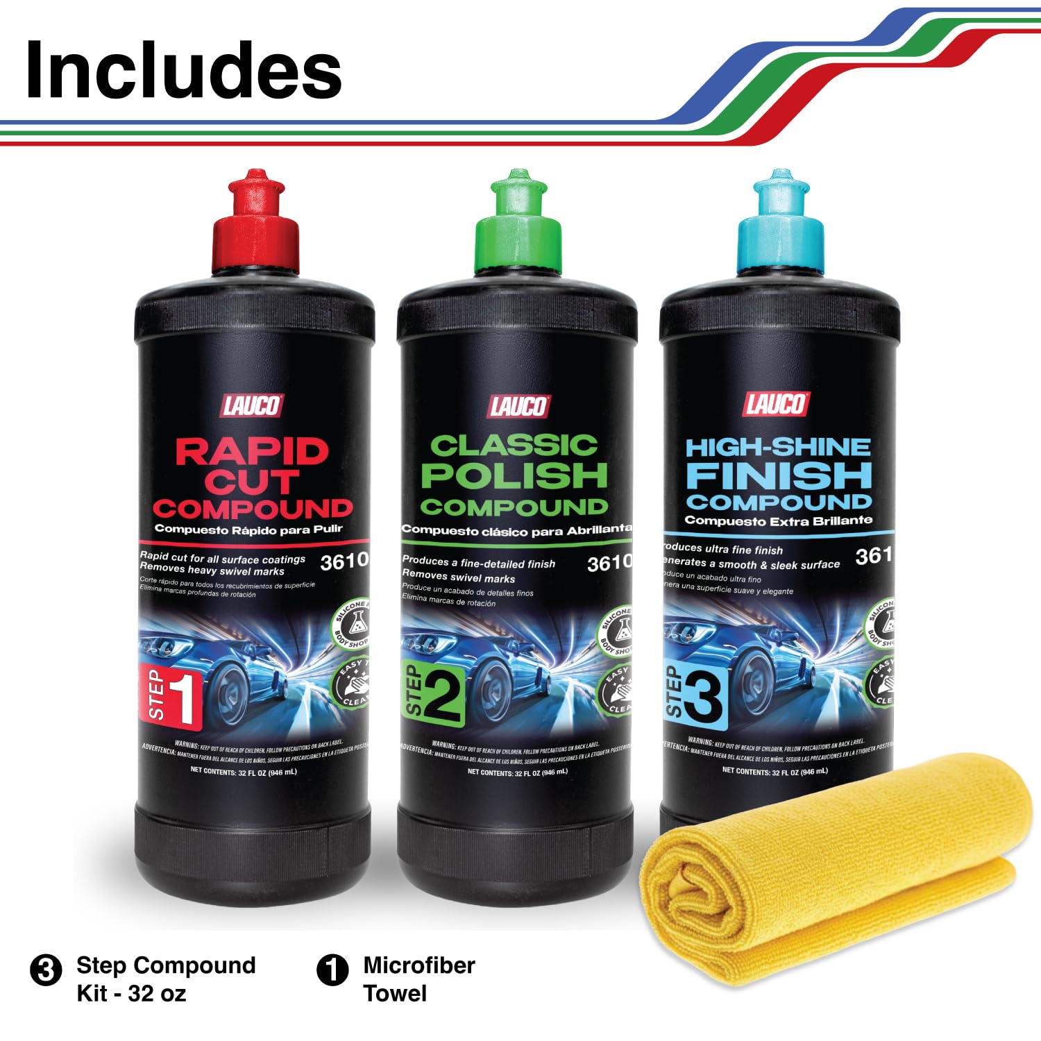 LAUCO 3-Step Kit – Steps 1 2 3 – 32oz, with a Towel, Professional Silicone-Free Cutting, Polishing & Finishing Compounds for Scratch Removal, Clear Coat Safe High-Gloss Finish