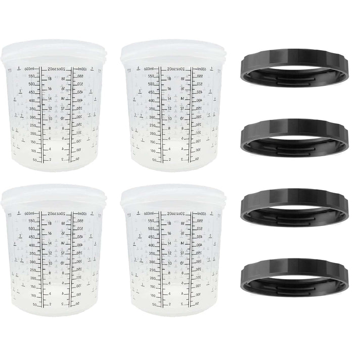 LAUCO 4 Pack Set of Medium Size 27 Ounce Hard Cups and Retainer Rings - 4 Hard Cups and 4 Rings for Use with The Disposable Paint Spray Gun Cups Liners and Lid System (600ML)