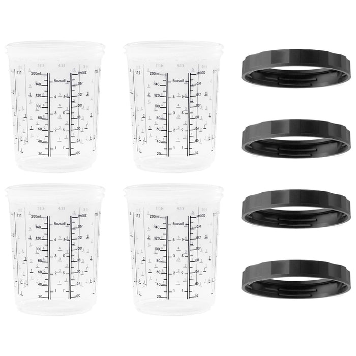 Paint Spray Gun Cups 4 Pack Set of Mini Size 6 Ounce (200ml) Hard Cups and Retainer Rings - 4 Hard Cups and 4 Rings for Use with The Disposable Paint Spray Gun Cups Liners and Lid System