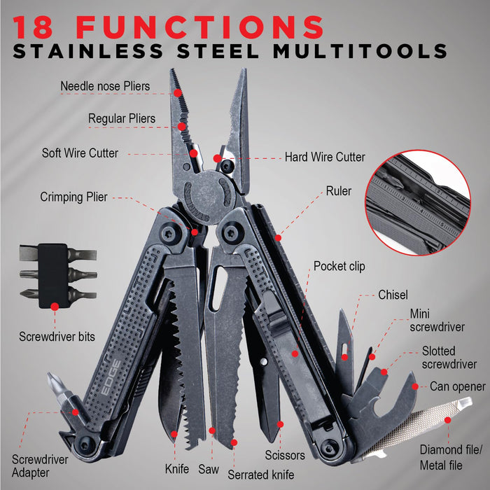 EDGE Multi-Tool Pliers, 14-in-1 Stainless Steel Multitool with Knife, Saw, Scissors, Wire Cutter & Screwdriver Bits, Compact Folding Pocket Tool for Camping, Survival, Fishing & Car Emergency (Black)