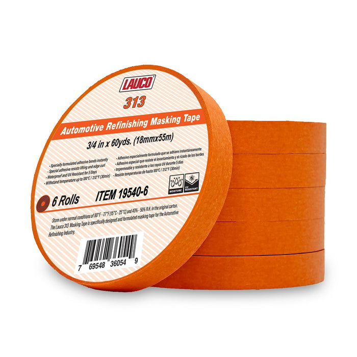 LAUCO Orange Automotive Refinishing Masking Tape – Autobody Painter’s Tape, Moisture, UV & Heat Resistant, No Residue – Multi-Purpose Masking Tape for Auto Repair (0.75 in, Pack of 6 Rolls)