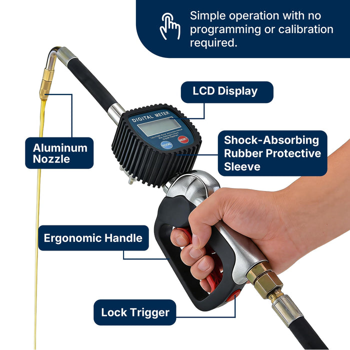 LAUCO Digital Oil Gun for Air Operated Oil Pump Systems – Heavy-Duty Metered Dispensing Nozzle for SAE240 Oils and Fluids – For 3:1 Pump Kits, 55 Gallon Drum Setup (Not for Gasoline or Diesel)