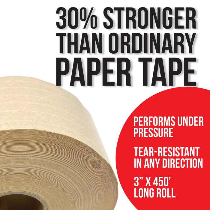LAUCO Gummed Paper Tape 3" x 450' – Water Activated Kraft Packing Tape with Fiberglass Reinforcement – Heavy Duty, Tamper Evident Shipping Tape – Biodegradable – 10 Rolls