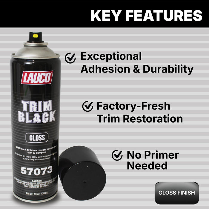 LAUCO Trim Black Gloss Automotive Spray Paint – 13 oz Aerosol Can for Plastic, Aluminum, Steel & Stainless Steel Trim – Durable OEM Finish 57073