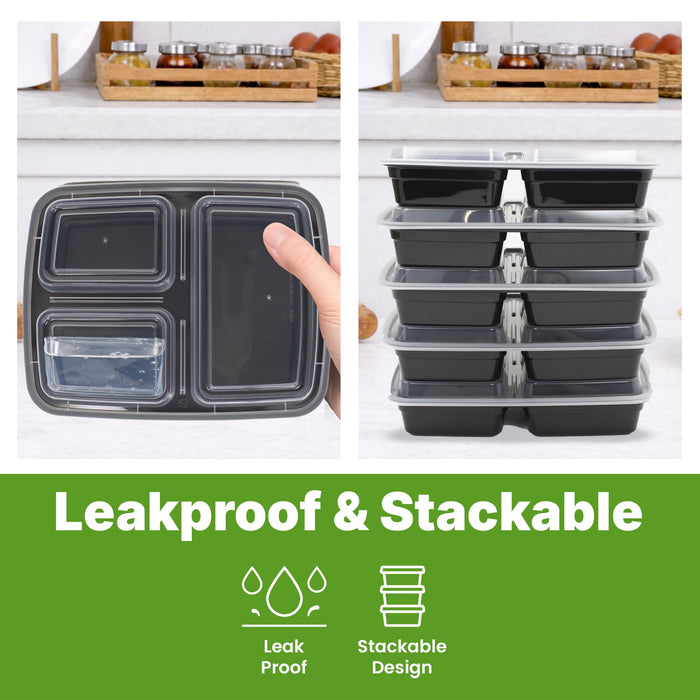 Meal Prep Containers with Lids, Reusable 3-Compartment Food Storage, Sturdy Leakproof & Food Safe, Microwave Freezer Dishwasher Safe, To-Go Takeout Plastic Containers, 50 Pack (100-Piece) – 60827