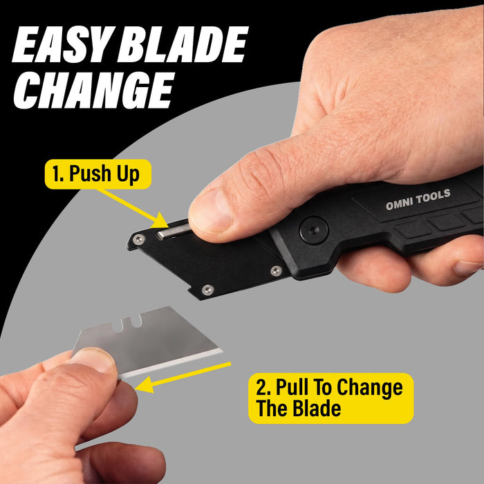 Heavy Duty Folding Utility Knife with 5 Replacement Blades, Quick Change Razor Box Cutter, Ergonomic Handle, Portable Pocket Cutter for Cardboard, Drywall, Plastic, Rope, Carpet and DIY Projects