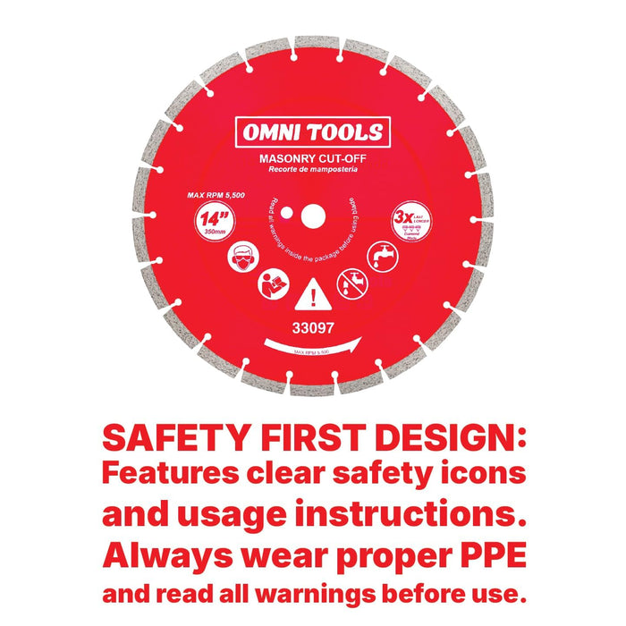 OMNI TOOLS 14 Inch Diamond Saw Blade – 350mm Segmented Concrete Cutting Disc for Masonry, Brick, Block, Stone – Heavy Duty Abrasive Wheel for Circular Saw – Dry/Wet Use – 5500 RPM – [33097]