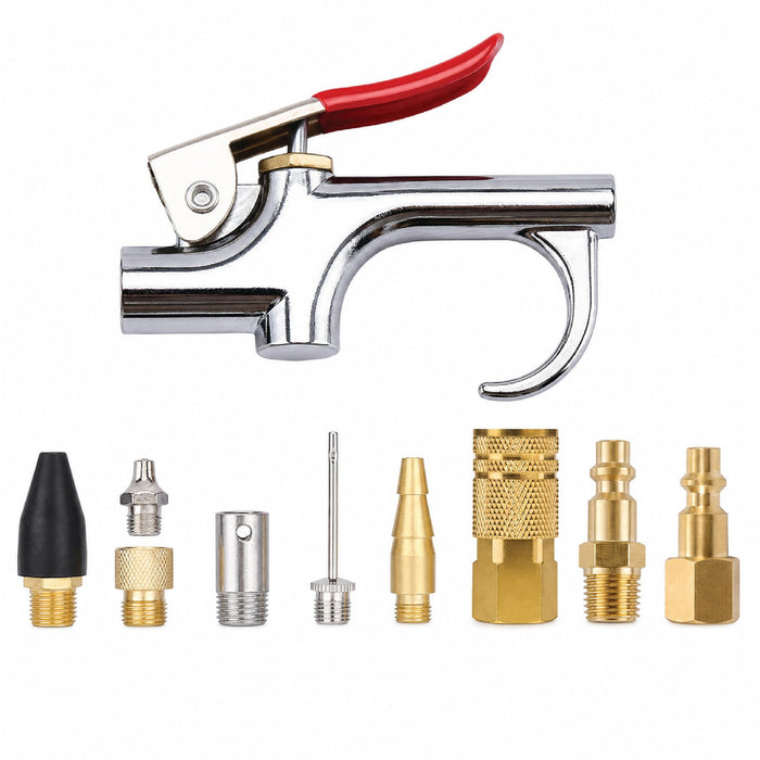 LAUCO Air Blow Gun Set Kit with 10 Interchangeable Nozzles, Blow Gun with Rubber and Safety Tip Nozzles, ¼ NPT Female and Male Quick Connectors, 10 Pieces Air Blow Gun Accessories Kit ATK6989