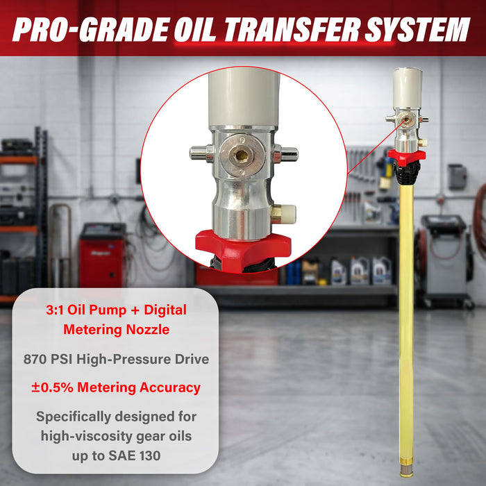 LAUCO 3:1 Air-Operated Oil Pump Kit – Digital Meter Gun, 13ft Hose, Mobile Drum Trolley & Regulator – Complete System for SAE240 Oil Transfer from 55 Gallon Barrels (Not for Gasoline or Diesel)
