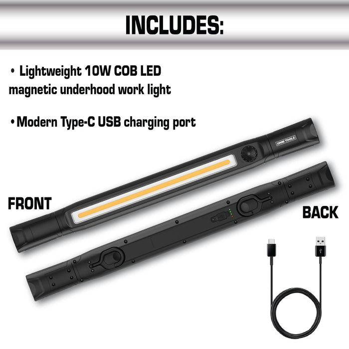 Omni Tools 1200+ Lumen Rechargeable Underhood Work Light Magnetic Mount, Adjustable Brightness, 360° Rotating Hooks, USB-C Charging Ideal for Mechanics, Garage, and Emergency Use 33118