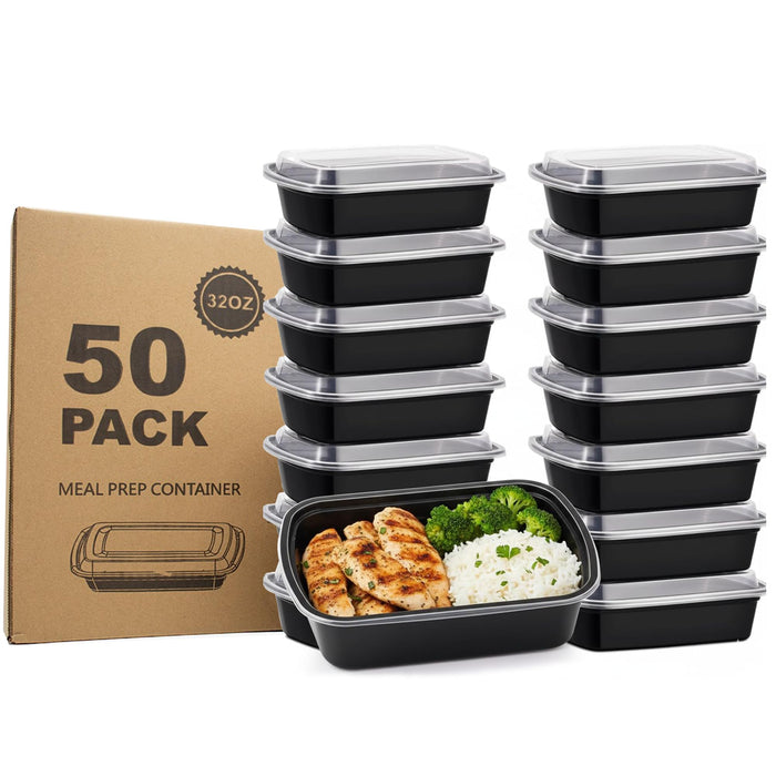 Uni-Pak Meal Prep Containers with Lids, Reusable 32oz Rectangle Food Storage, Sturdy Leakproof, Microwave Freezer Dishwasher Safe, To-Go Takeout Plastic Containers, 50 Pack (100-Piece) – 60816