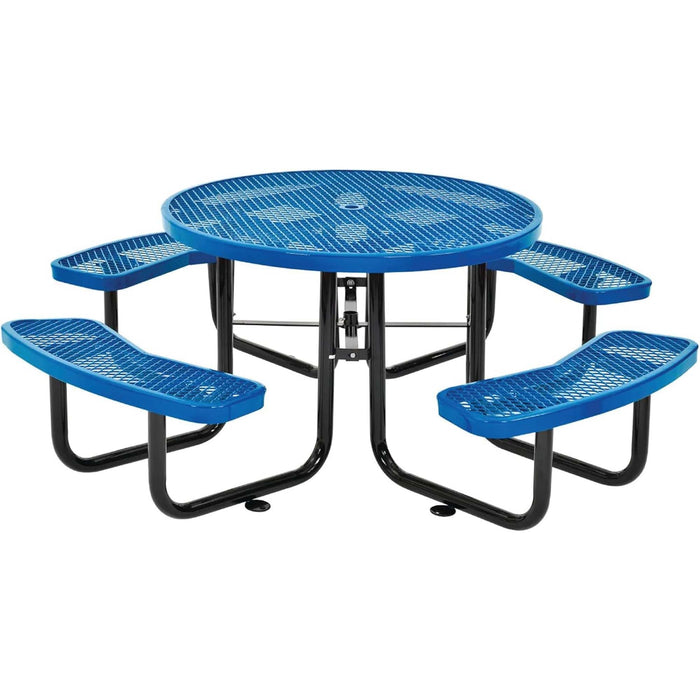 LAUCO 46-Inch Round Metal Picnic Table with Attached Benches, Blue Thermoplastic Coated, Expanded Metal Construction, 1000 lb Capacity, Outdoor Use 36058