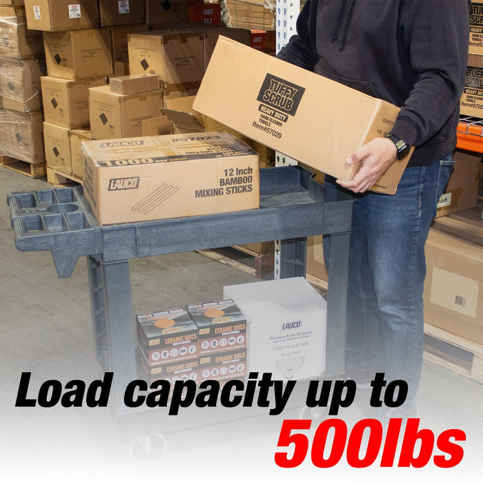 Lauco Heavy Duty Polypropylene Utility Cart - ﻿16 in x 33 in - Industrial Cart with Full Swivel Wheels Safely Holds up to 550 lbs - Multipurpose 2 Tier Service Cart for Warehouse, Garage, Cleaning