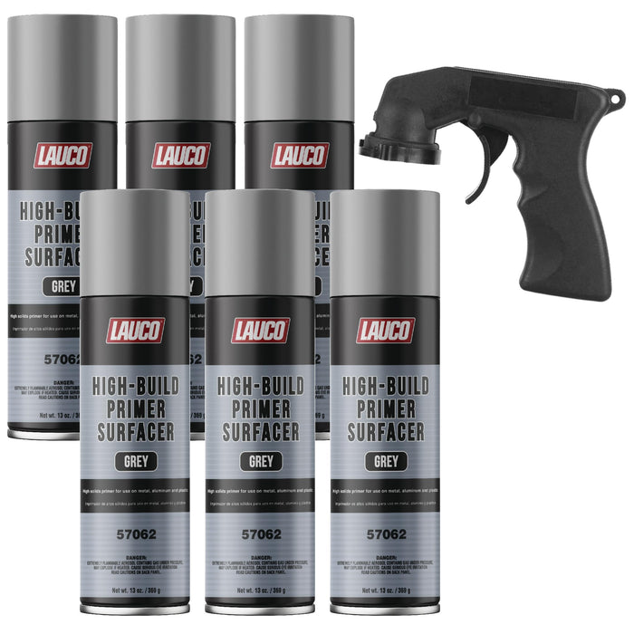 LAUCO High-Building Primer Surfacer Grey 13oz Aerosol Spray Can with Aerosol Spray Gun - Pack of 6 - For Automotive and Industrial Use 57062