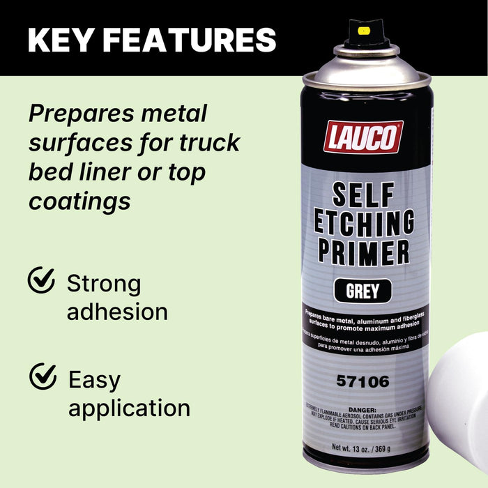 LAUCO Self Etching Primer Grey Aerosol Spray Can 13oz (57106)- Automotive and Industrial Primer - Great for use on Bare Metal Areas Before applying Truck Bed Liner (1) 57106