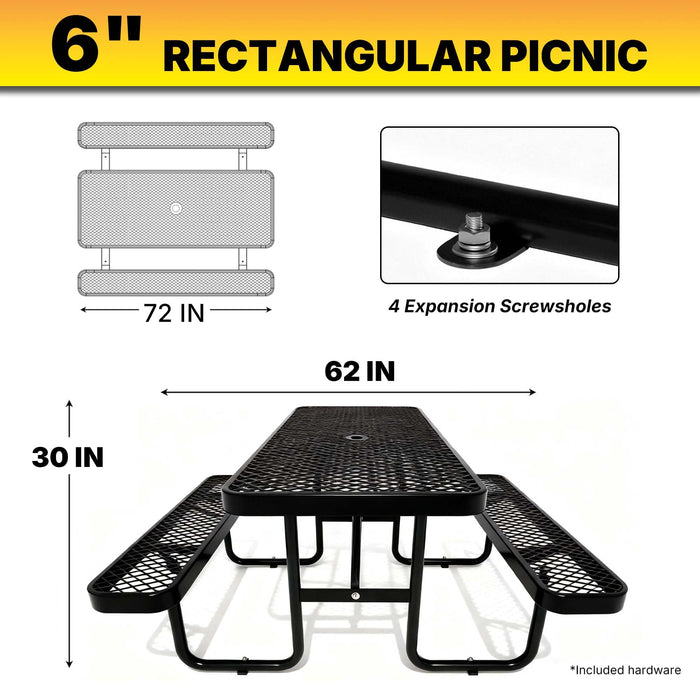 LAUCO Heavy Duty Rectangular Outdoor Picnic Table with Steel Frame, Thermoplastic Coating, Umbrella Hole, Built-in Benches, Seats 8, for Park, Patio, School (Black, 72 inch) 36051