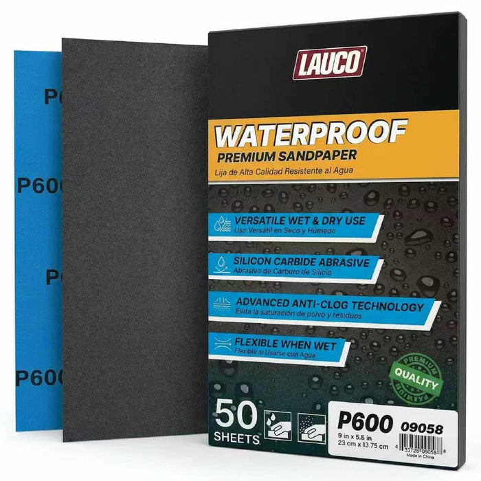 Aqua Maxx Wet or Dry Sandpaper, 9x5.5 Inches, Box of 50 - Abrasive Paper Sheets for Automotive Sanding, Detailing, Polishing Automotive, Woodworking Wood Furniture (600 Grit, 50) 9058