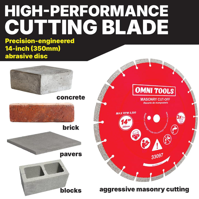 OMNI TOOLS 14 Inch Diamond Saw Blade – 350mm Segmented Concrete Cutting Disc for Masonry, Brick, Block, Stone – Heavy Duty Abrasive Wheel for Circular Saw – Dry/Wet Use – 5500 RPM – [33097]