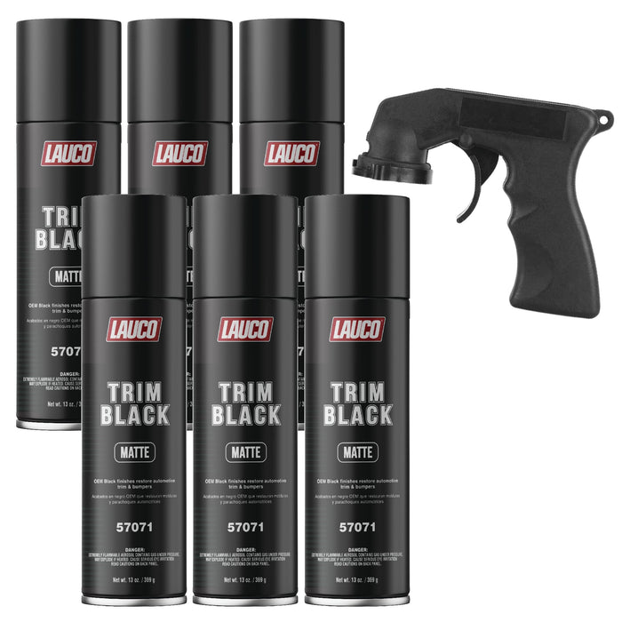 LAUCO Trim Black Matte 13 oz. Automotive Spray Paint Can with Gun - Pack of 6 - Black Car Spray Paint with Matte Finish - Designed for Plastic, Aluminum, Steel and Stainless Steel- 57071